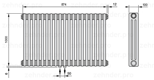 Схема (чертеж) Радиатор Zehnder Charleston 3100/19 №3470 Белый глянцевый RAL 9016